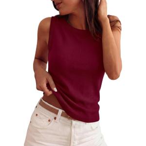 PRETTYGARDEN Sleeveless Sweater Tops for Women 2026 Summer Dressy Ribbed Tank Tops Spring Business Casual Work Shirts Blouses(Burgundy)