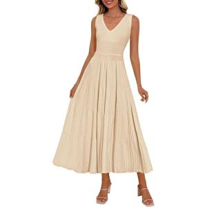 PRETTYGARDEN Women’s Summer Casual Dresses 2026 Spring Sleeveless V Neck Knit Midi Business Work A Line Cocktail Dress(Beige)