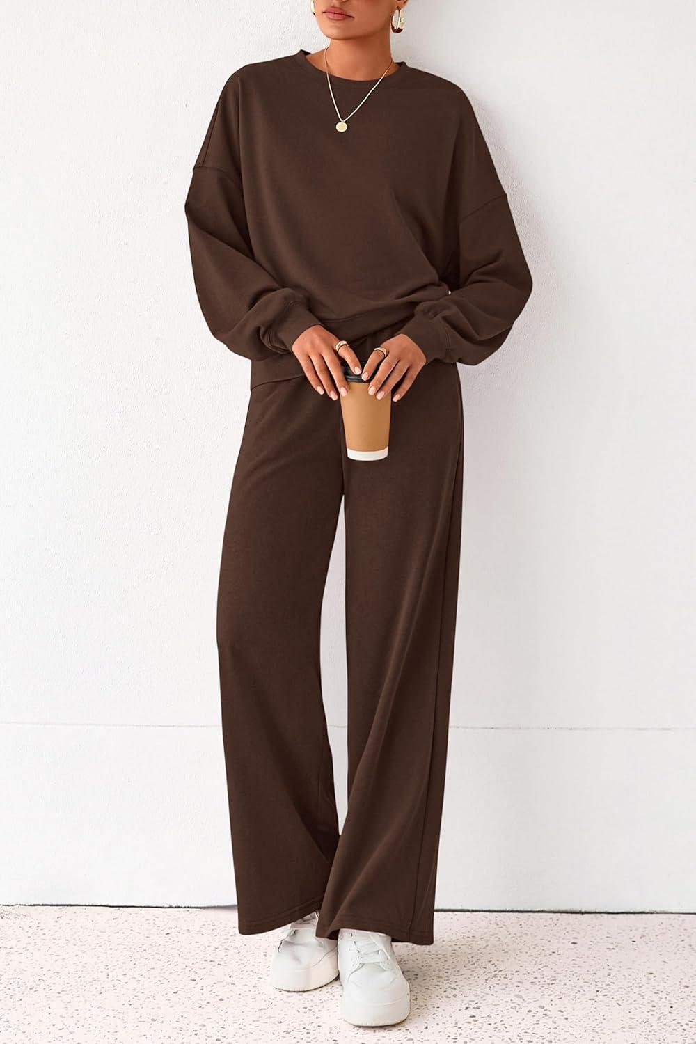 imagePRETTYGARDEN Women 2 Piece Outfits 2025 Fall Sweatsuits Crewneck Sweatshirt Wide Leg Sweatpants Lounge Sets Tracksuit