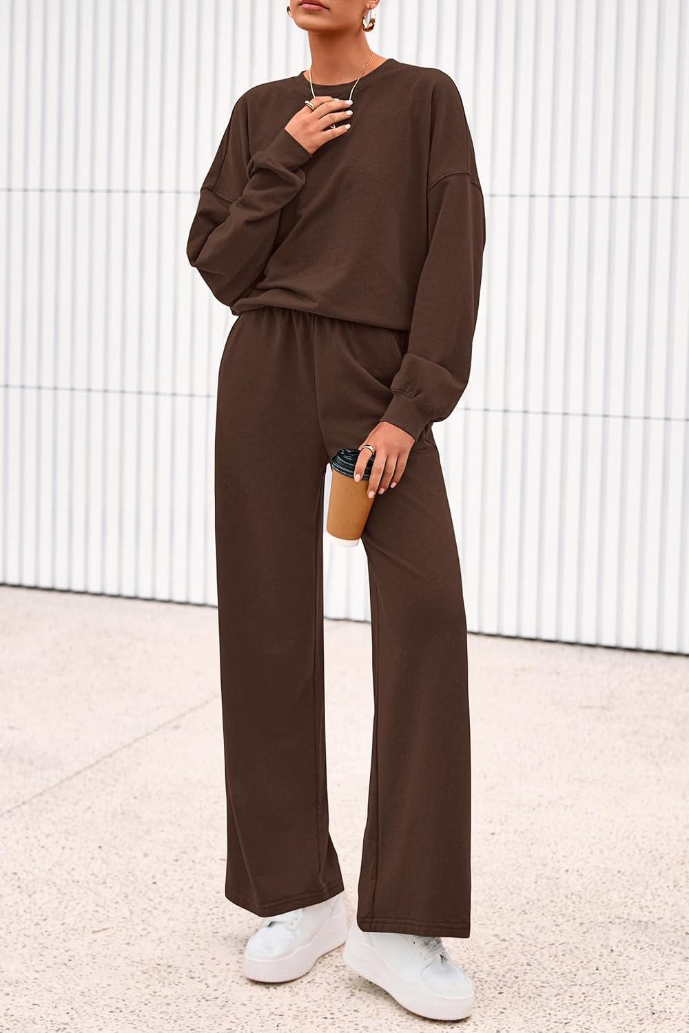 imagePRETTYGARDEN Women 2 Piece Outfits 2025 Fall Sweatsuits Crewneck Sweatshirt Wide Leg Sweatpants Lounge Sets Tracksuit