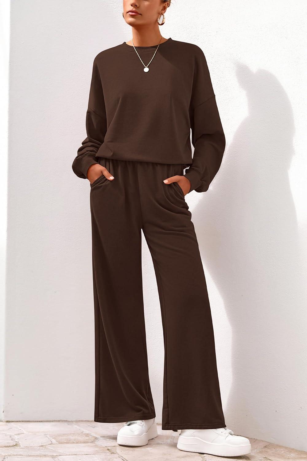 imagePRETTYGARDEN Women 2 Piece Outfits 2025 Fall Sweatsuits Crewneck Sweatshirt Wide Leg Sweatpants Lounge Sets Tracksuit