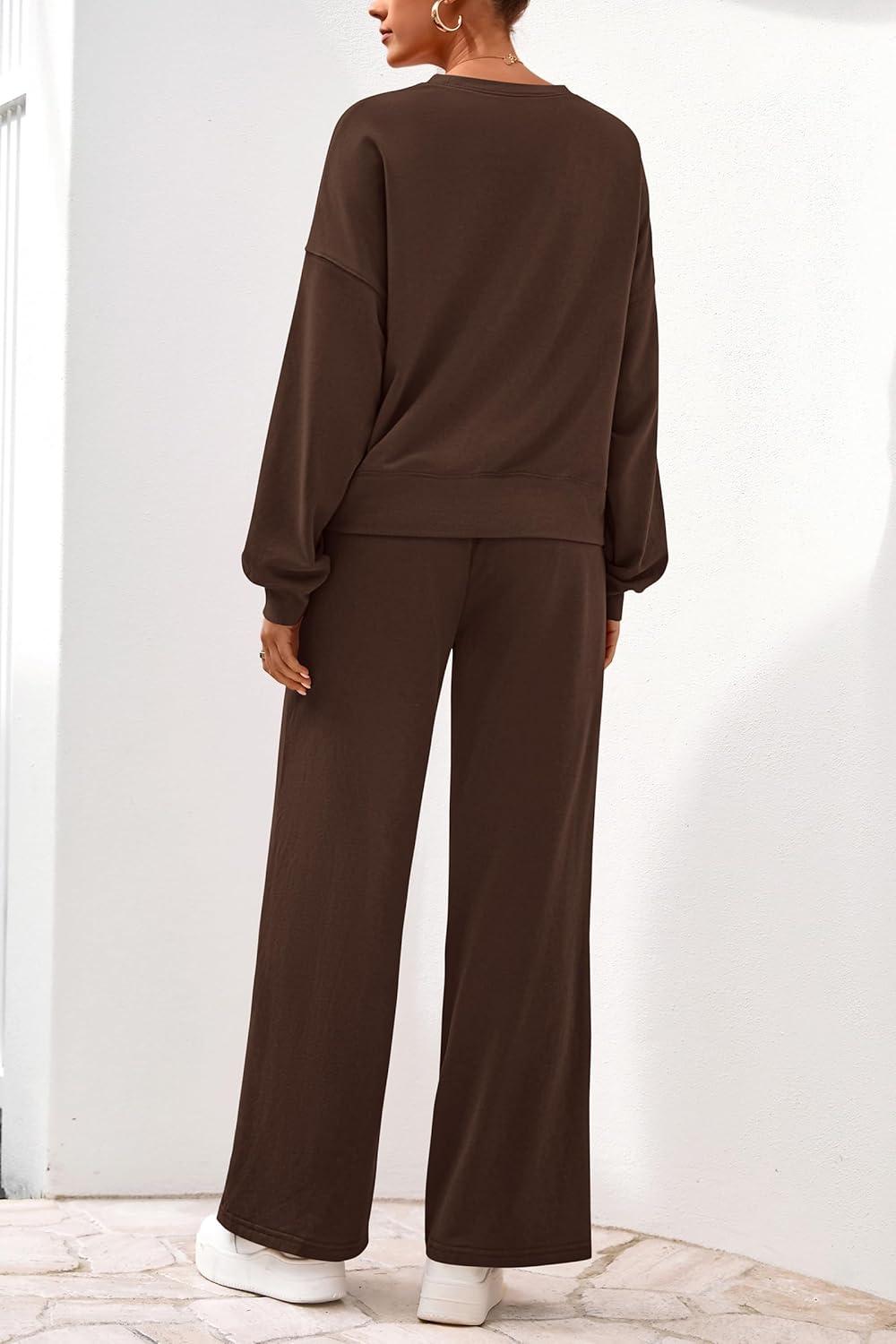 imagePRETTYGARDEN Women 2 Piece Outfits 2025 Fall Sweatsuits Crewneck Sweatshirt Wide Leg Sweatpants Lounge Sets Tracksuit