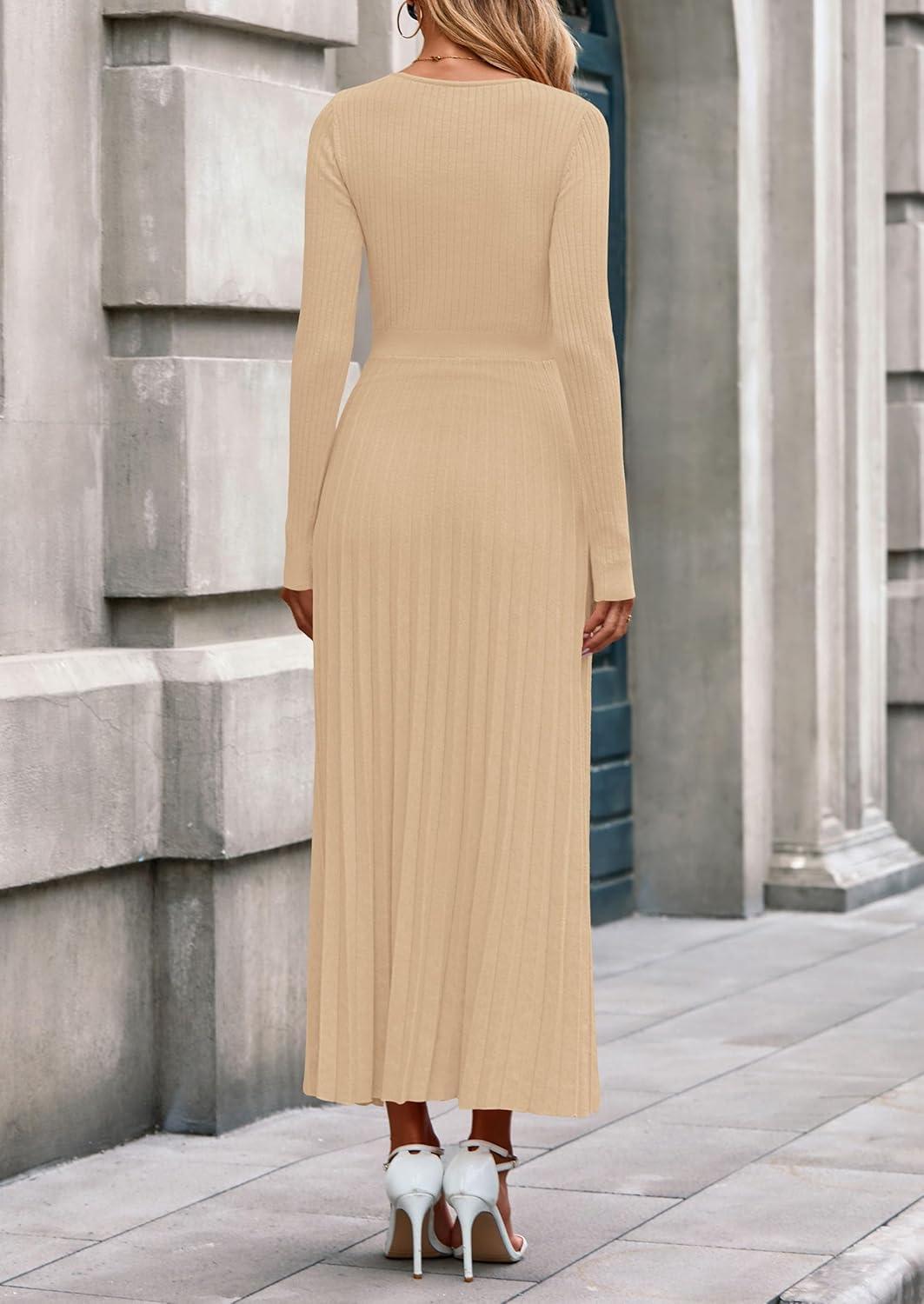 imagePRETTYGARDEN Women Sweater Dress Fall Fashion 2026 Long Sleeve V Neck Ribbed Knit Pleated A Line Elegant Maxi Winter DressesBeige