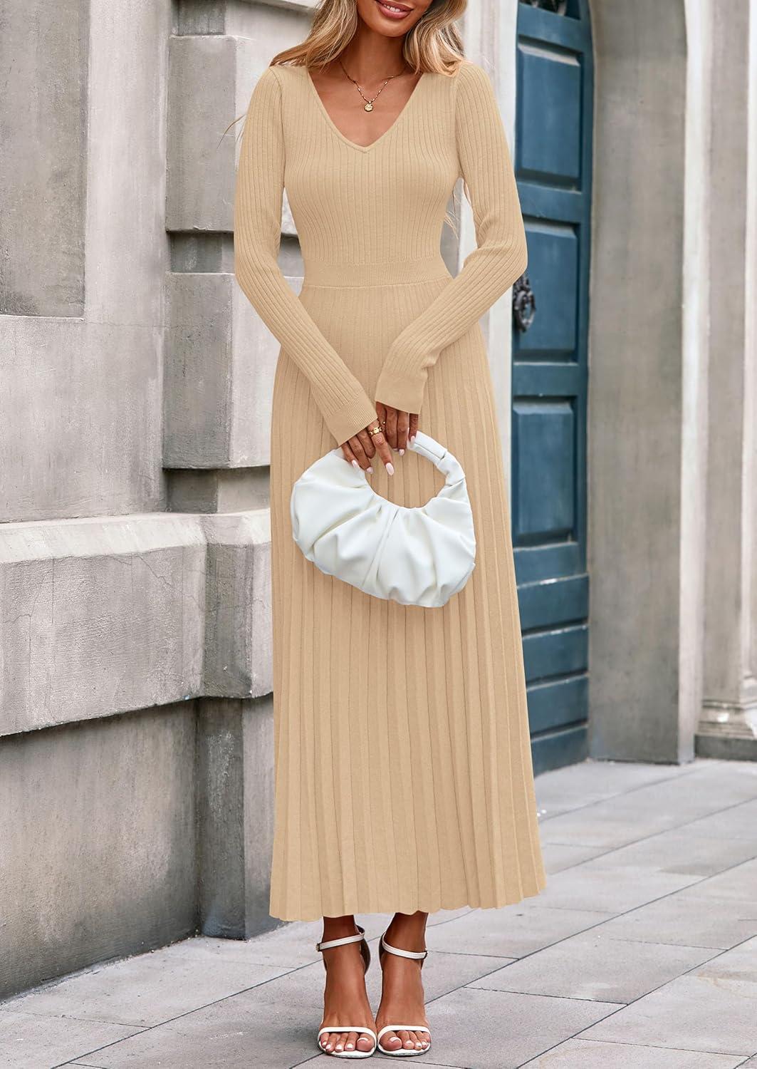 imagePRETTYGARDEN Women Sweater Dress Fall Fashion 2026 Long Sleeve V Neck Ribbed Knit Pleated A Line Elegant Maxi Winter DressesBeige