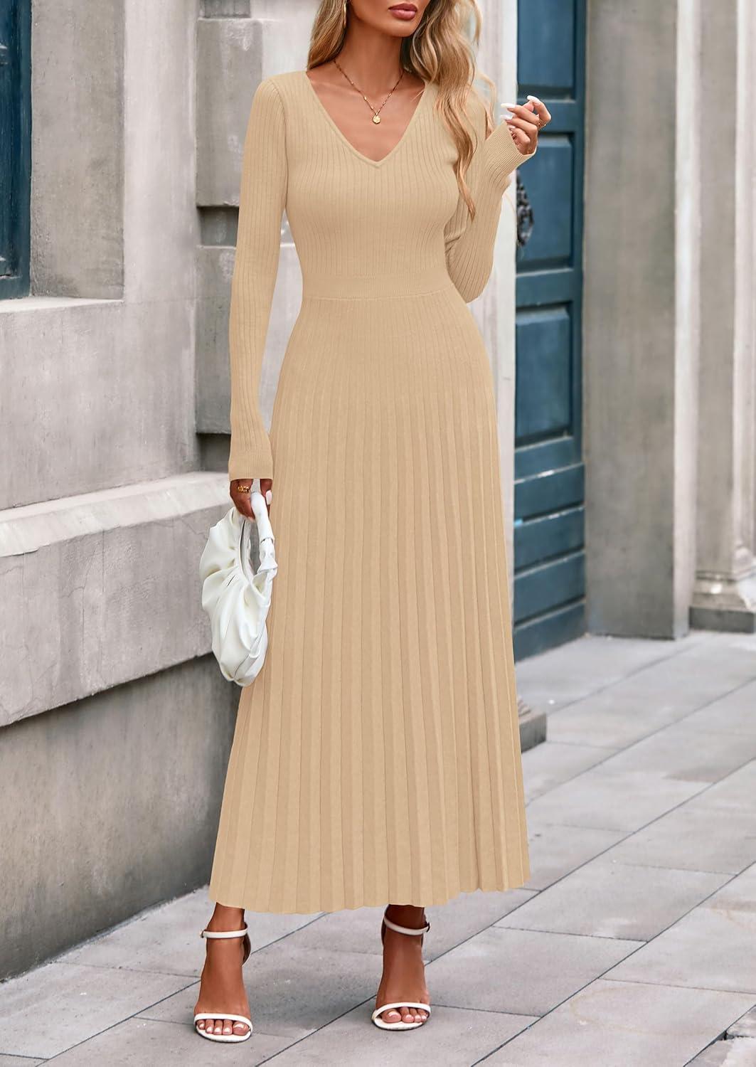 imagePRETTYGARDEN Women Sweater Dress Fall Fashion 2026 Long Sleeve V Neck Ribbed Knit Pleated A Line Elegant Maxi Winter DressesBeige