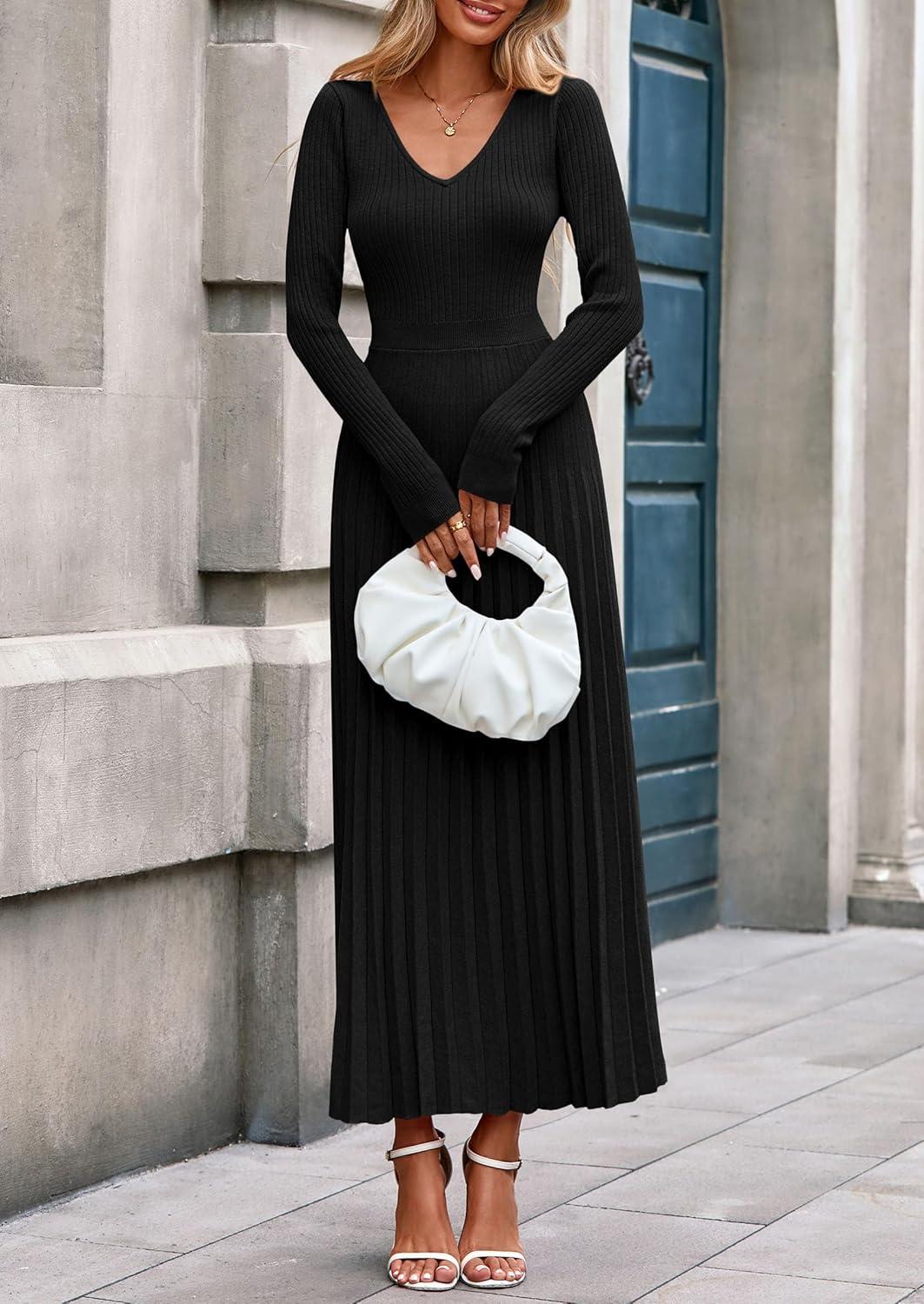 imagePRETTYGARDEN Women Sweater Dress Fall Fashion 2026 Long Sleeve V Neck Ribbed Knit Pleated A Line Elegant Maxi Winter DressesBlack