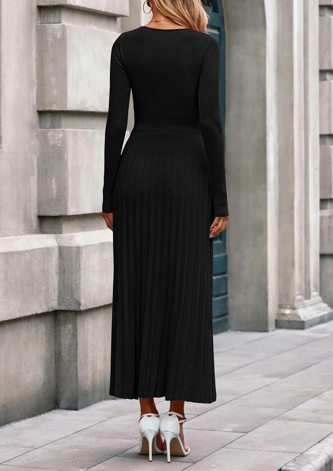 imagePRETTYGARDEN Women Sweater Dress Fall Fashion 2026 Long Sleeve V Neck Ribbed Knit Pleated A Line Elegant Maxi Winter DressesBlack