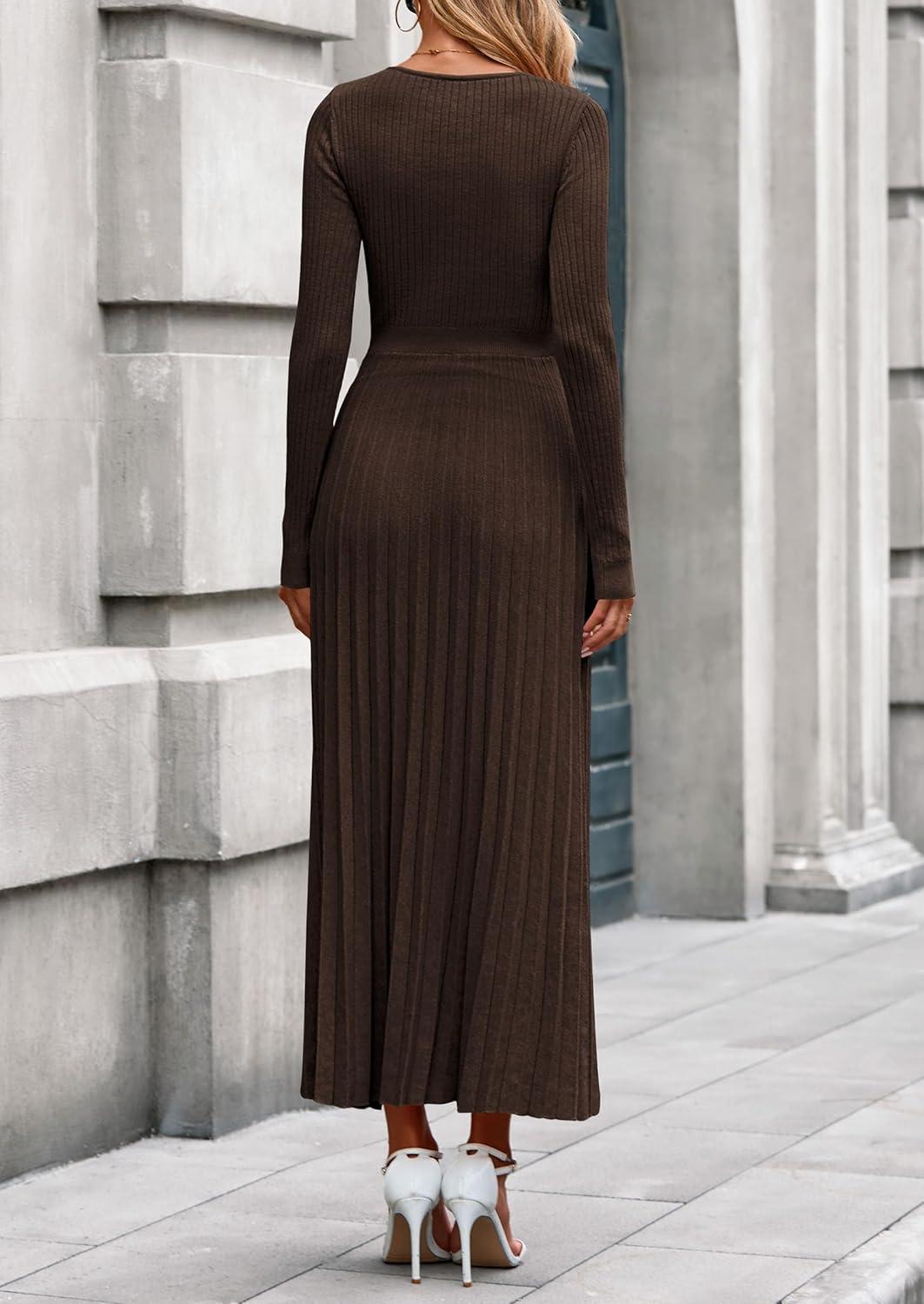 imagePRETTYGARDEN Women Sweater Dress Fall Fashion 2026 Long Sleeve V Neck Ribbed Knit Pleated A Line Elegant Maxi Winter DressesBrown