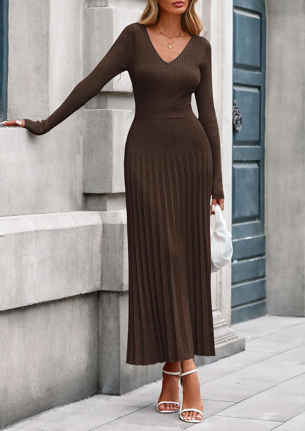 imagePRETTYGARDEN Women Sweater Dress Fall Fashion 2026 Long Sleeve V Neck Ribbed Knit Pleated A Line Elegant Maxi Winter DressesBrown