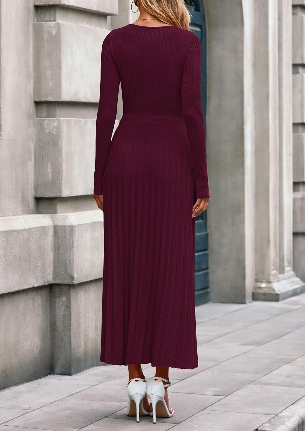 imagePRETTYGARDEN Women Sweater Dress Fall Fashion 2026 Long Sleeve V Neck Ribbed Knit Pleated A Line Elegant Maxi Winter DressesBurgundy