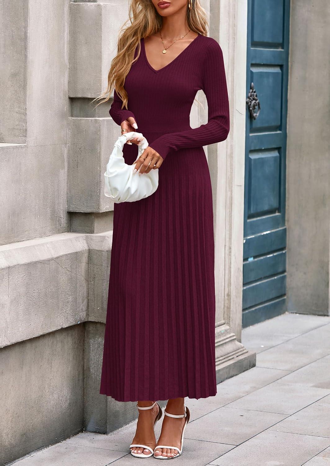 imagePRETTYGARDEN Women Sweater Dress Fall Fashion 2026 Long Sleeve V Neck Ribbed Knit Pleated A Line Elegant Maxi Winter DressesBurgundy