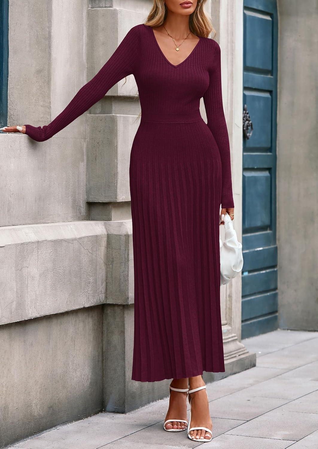 imagePRETTYGARDEN Women Sweater Dress Fall Fashion 2026 Long Sleeve V Neck Ribbed Knit Pleated A Line Elegant Maxi Winter DressesBurgundy