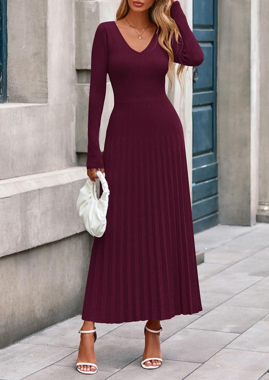 imagePRETTYGARDEN Women Sweater Dress Fall Fashion 2026 Long Sleeve V Neck Ribbed Knit Pleated A Line Elegant Maxi Winter DressesBurgundy