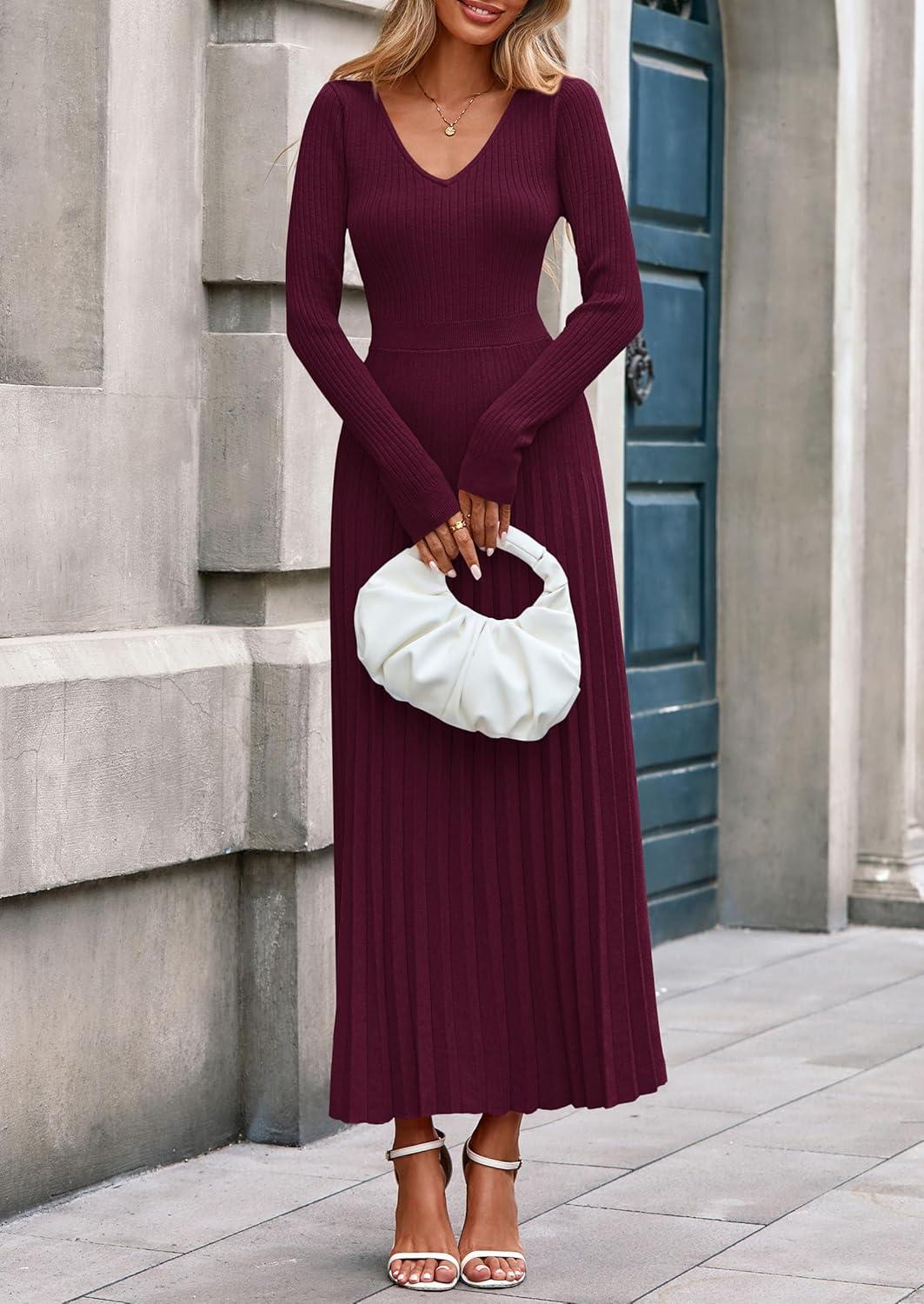 imagePRETTYGARDEN Women Sweater Dress Fall Fashion 2026 Long Sleeve V Neck Ribbed Knit Pleated A Line Elegant Maxi Winter DressesBurgundy