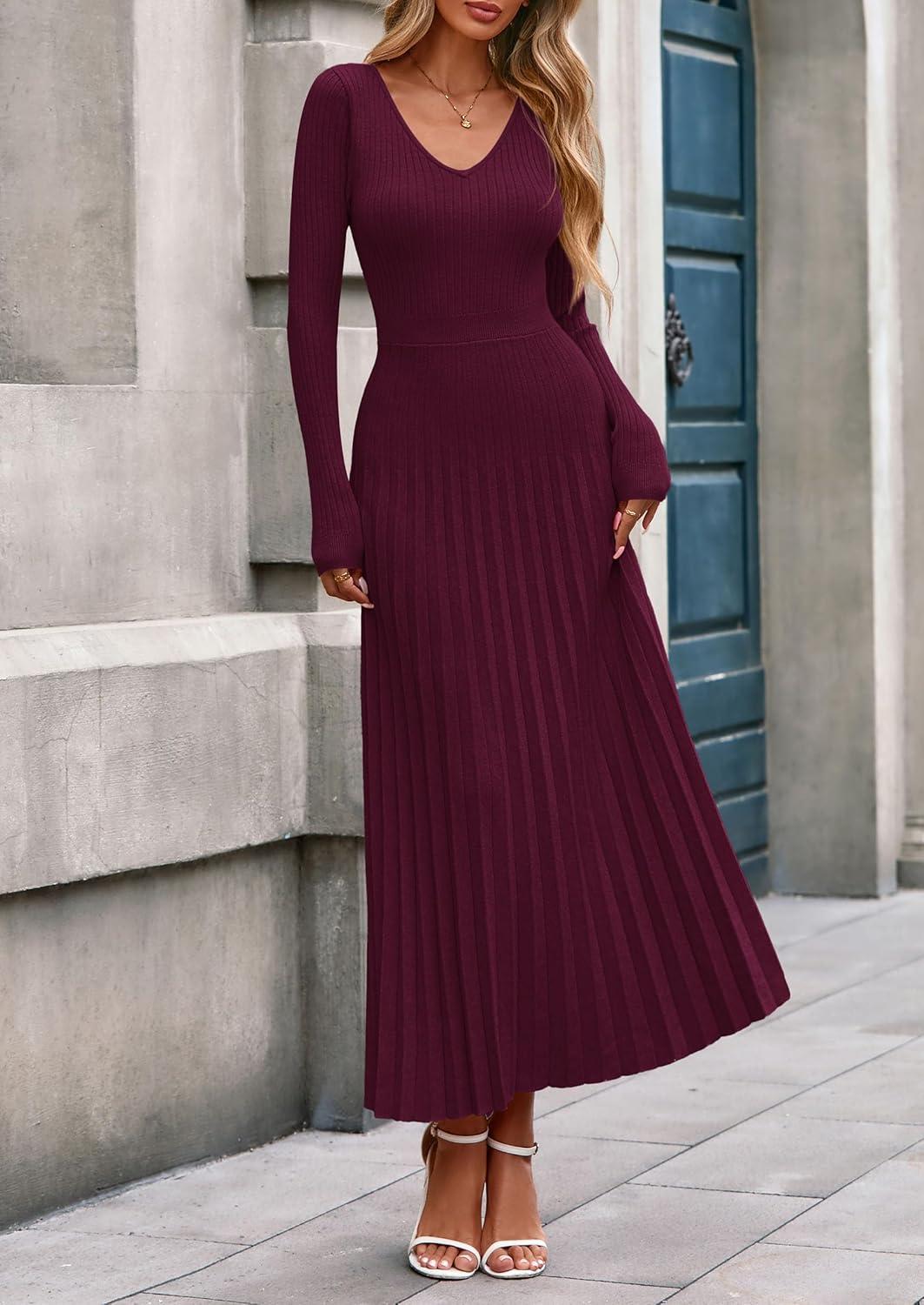 imagePRETTYGARDEN Women Sweater Dress Fall Fashion 2026 Long Sleeve V Neck Ribbed Knit Pleated A Line Elegant Maxi Winter DressesBurgundy