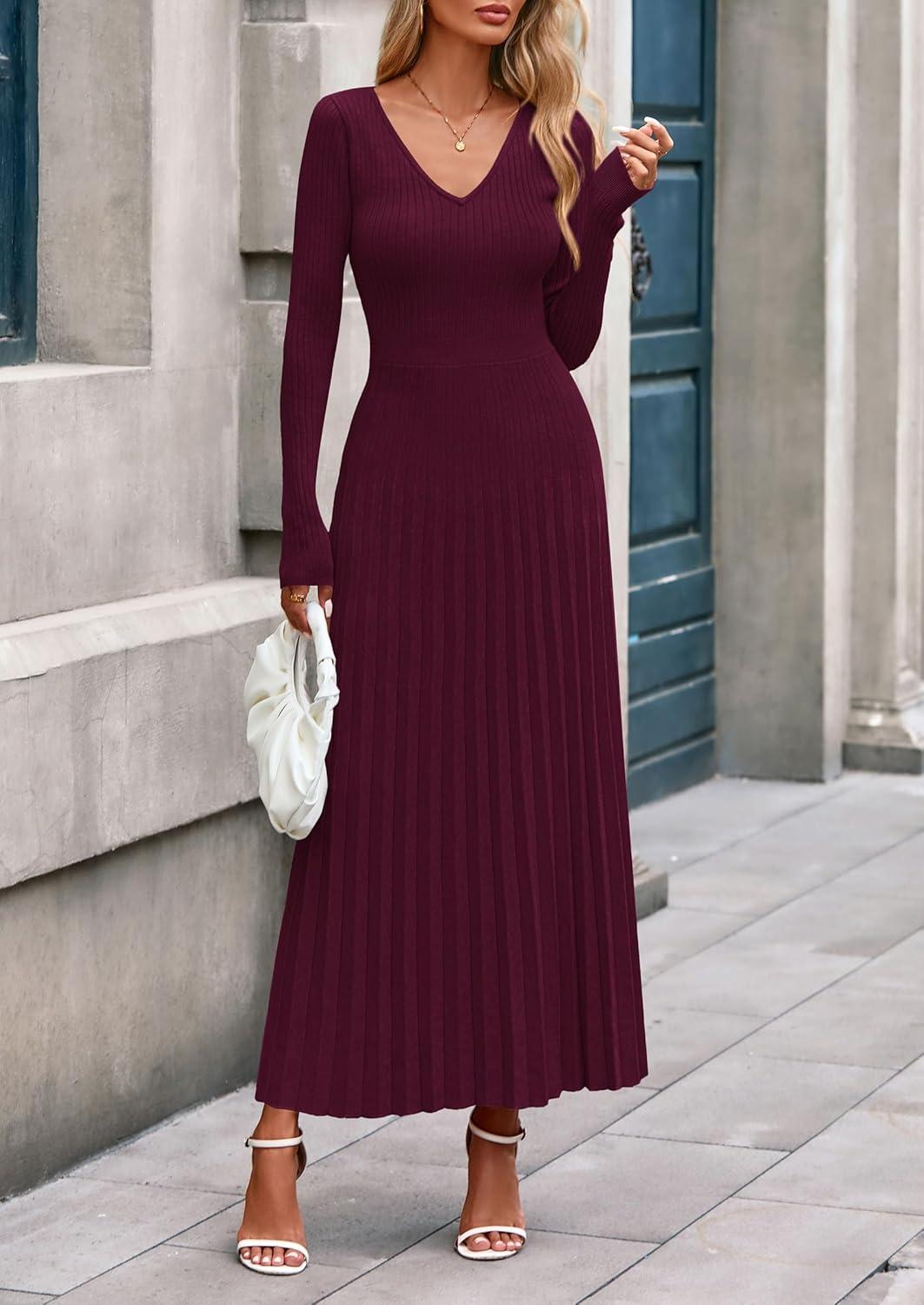 imagePRETTYGARDEN Women Sweater Dress Fall Fashion 2026 Long Sleeve V Neck Ribbed Knit Pleated A Line Elegant Maxi Winter DressesBurgundy