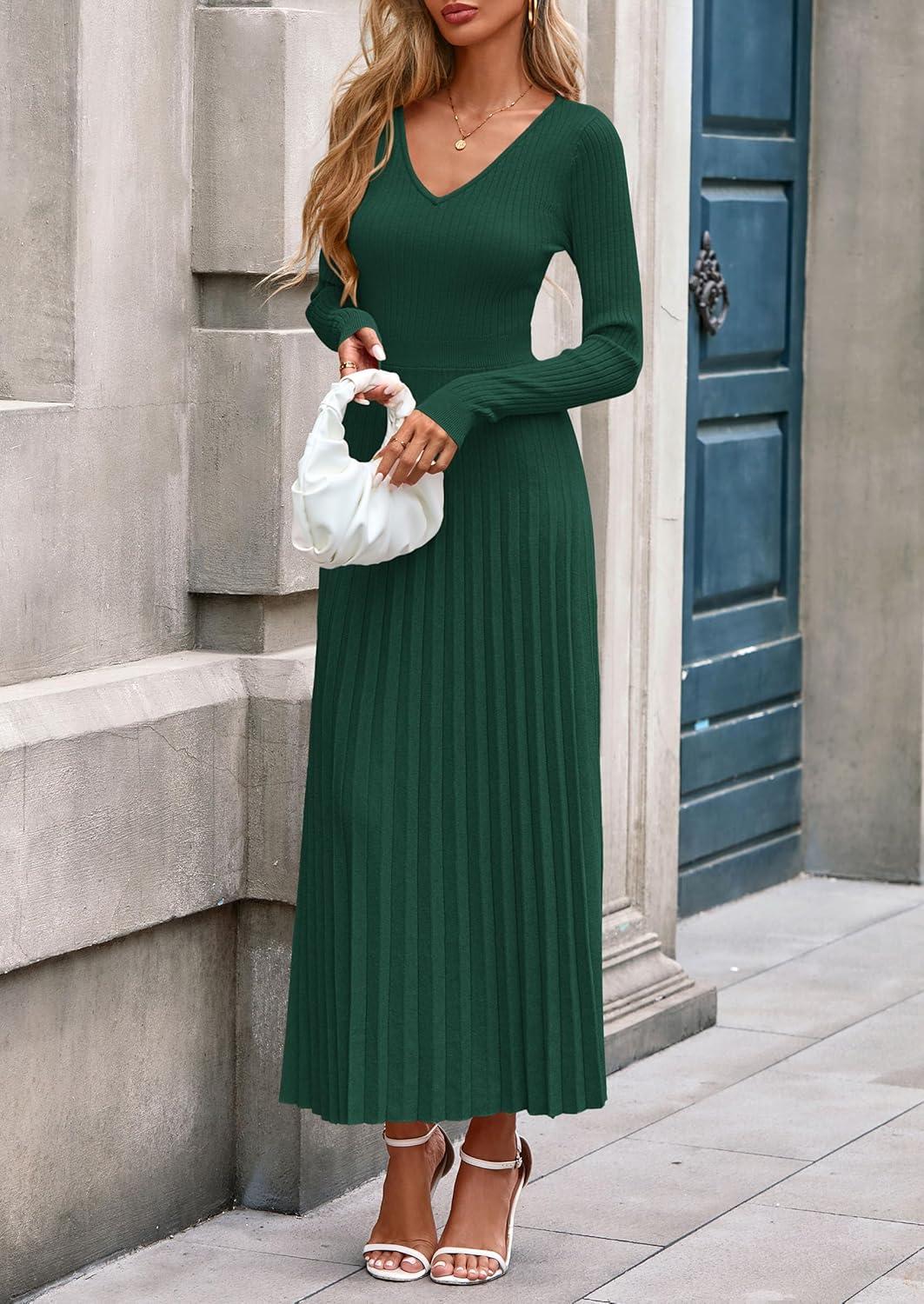 imagePRETTYGARDEN Women Sweater Dress Fall Fashion 2026 Long Sleeve V Neck Ribbed Knit Pleated A Line Elegant Maxi Winter DressesDark Green