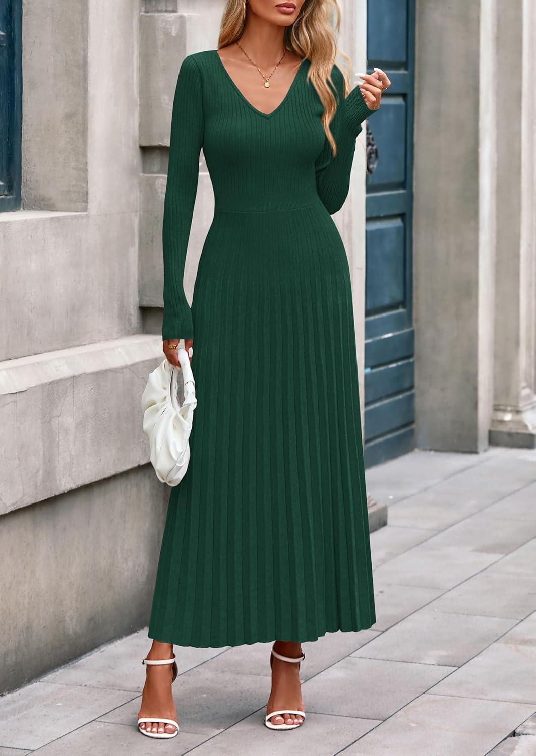 imagePRETTYGARDEN Women Sweater Dress Fall Fashion 2026 Long Sleeve V Neck Ribbed Knit Pleated A Line Elegant Maxi Winter DressesDark Green
