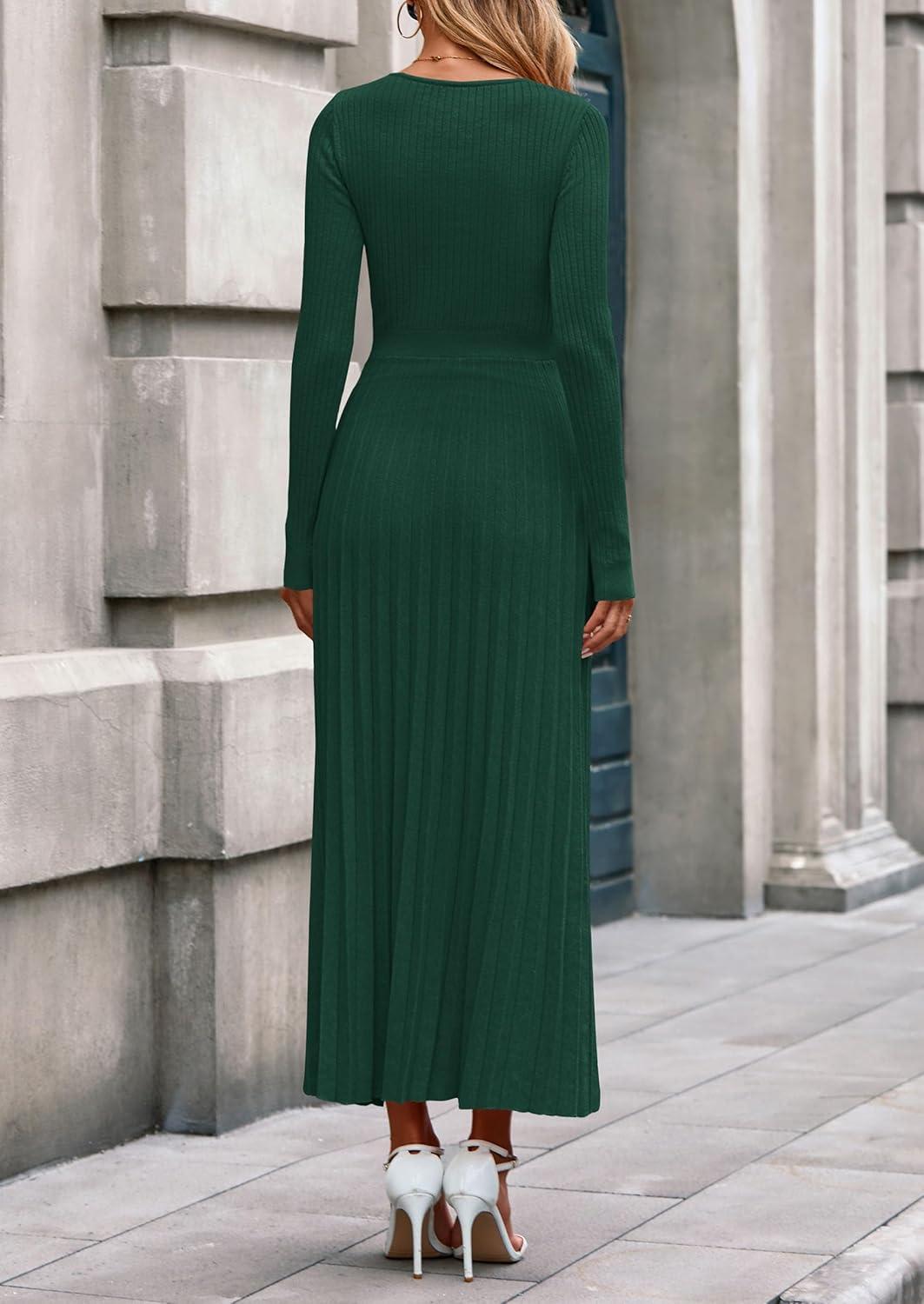 imagePRETTYGARDEN Women Sweater Dress Fall Fashion 2026 Long Sleeve V Neck Ribbed Knit Pleated A Line Elegant Maxi Winter DressesDark Green