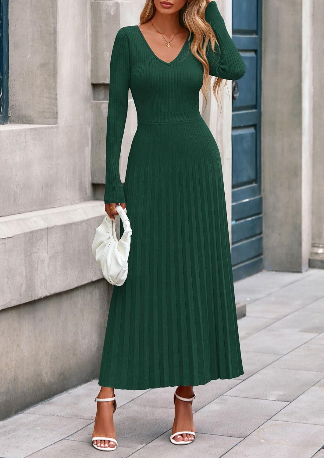 imagePRETTYGARDEN Women Sweater Dress Fall Fashion 2026 Long Sleeve V Neck Ribbed Knit Pleated A Line Elegant Maxi Winter DressesDark Green