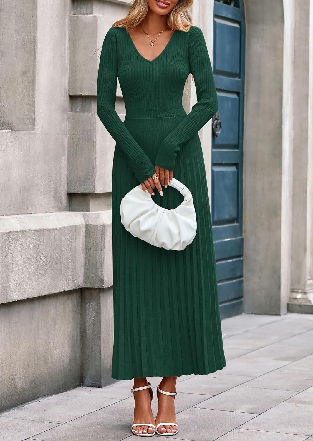 imagePRETTYGARDEN Women Sweater Dress Fall Fashion 2026 Long Sleeve V Neck Ribbed Knit Pleated A Line Elegant Maxi Winter DressesDark Green