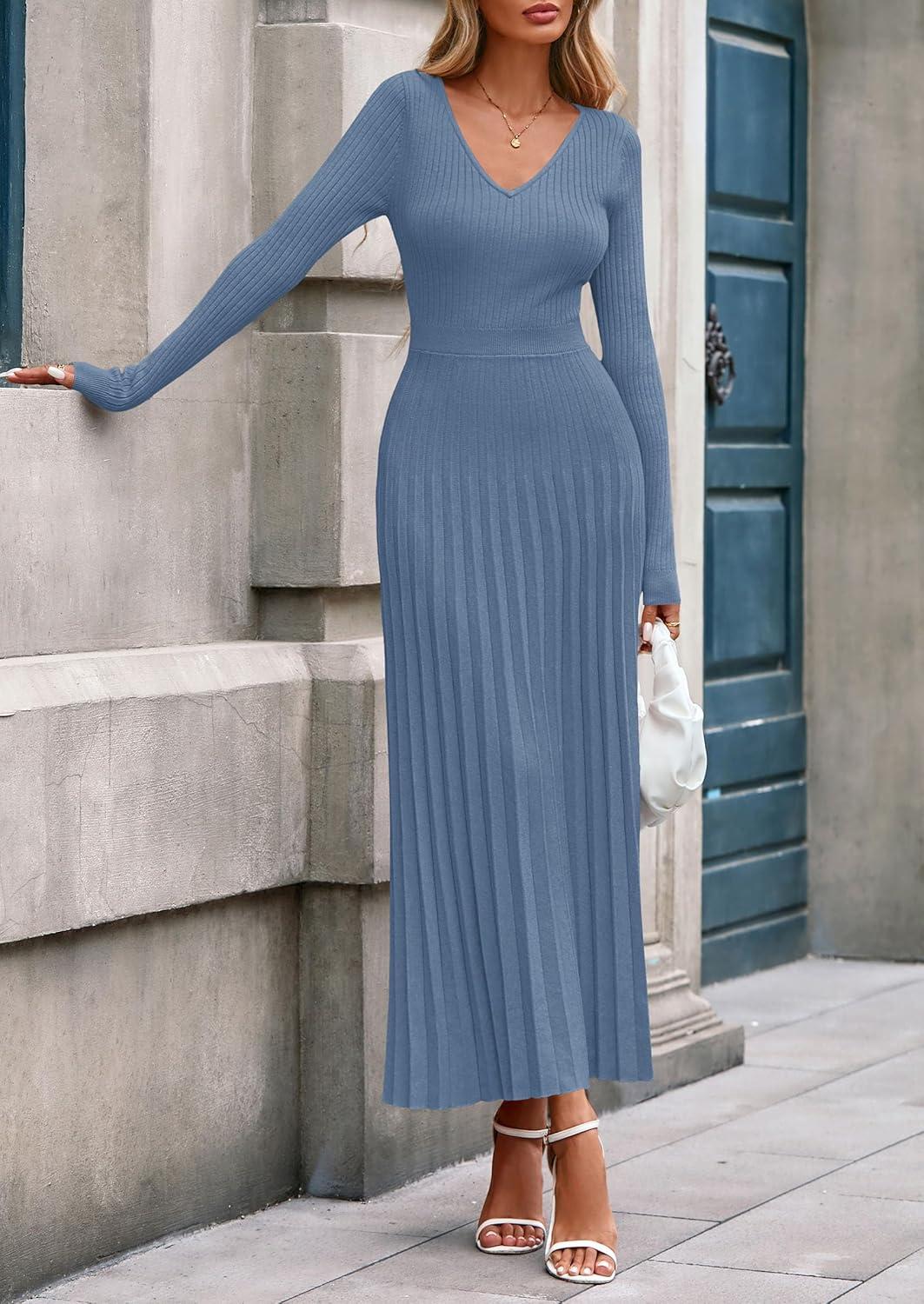 imagePRETTYGARDEN Women Sweater Dress Fall Fashion 2026 Long Sleeve V Neck Ribbed Knit Pleated A Line Elegant Maxi Winter DressesDusty Blue