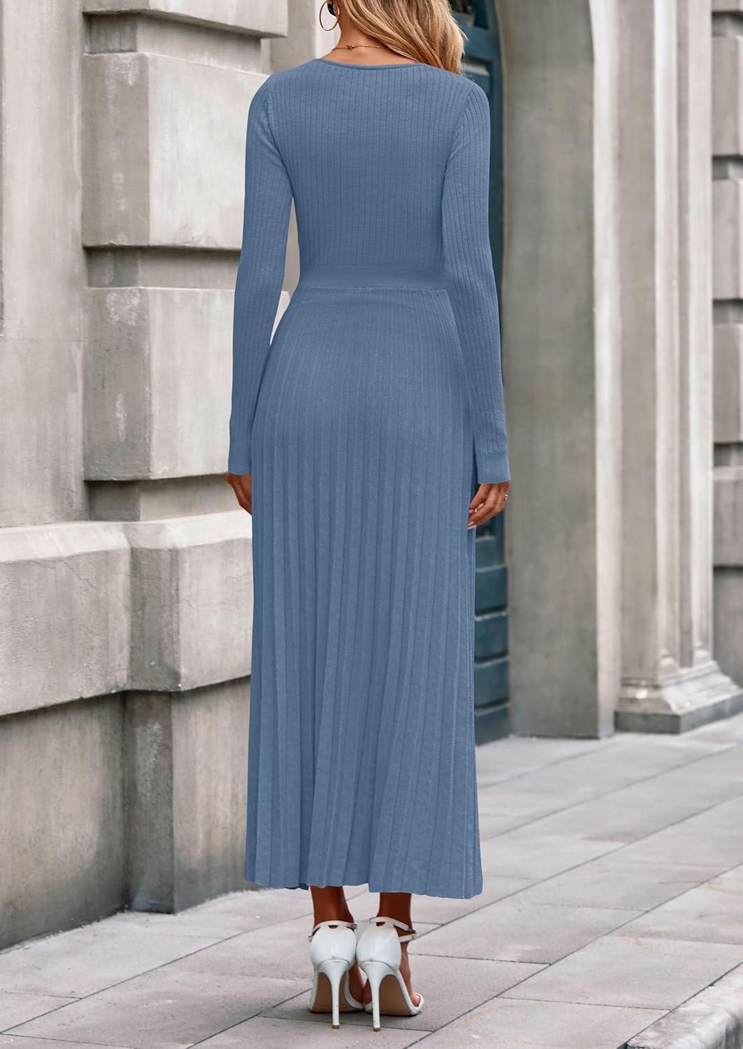 imagePRETTYGARDEN Women Sweater Dress Fall Fashion 2026 Long Sleeve V Neck Ribbed Knit Pleated A Line Elegant Maxi Winter DressesDusty Blue