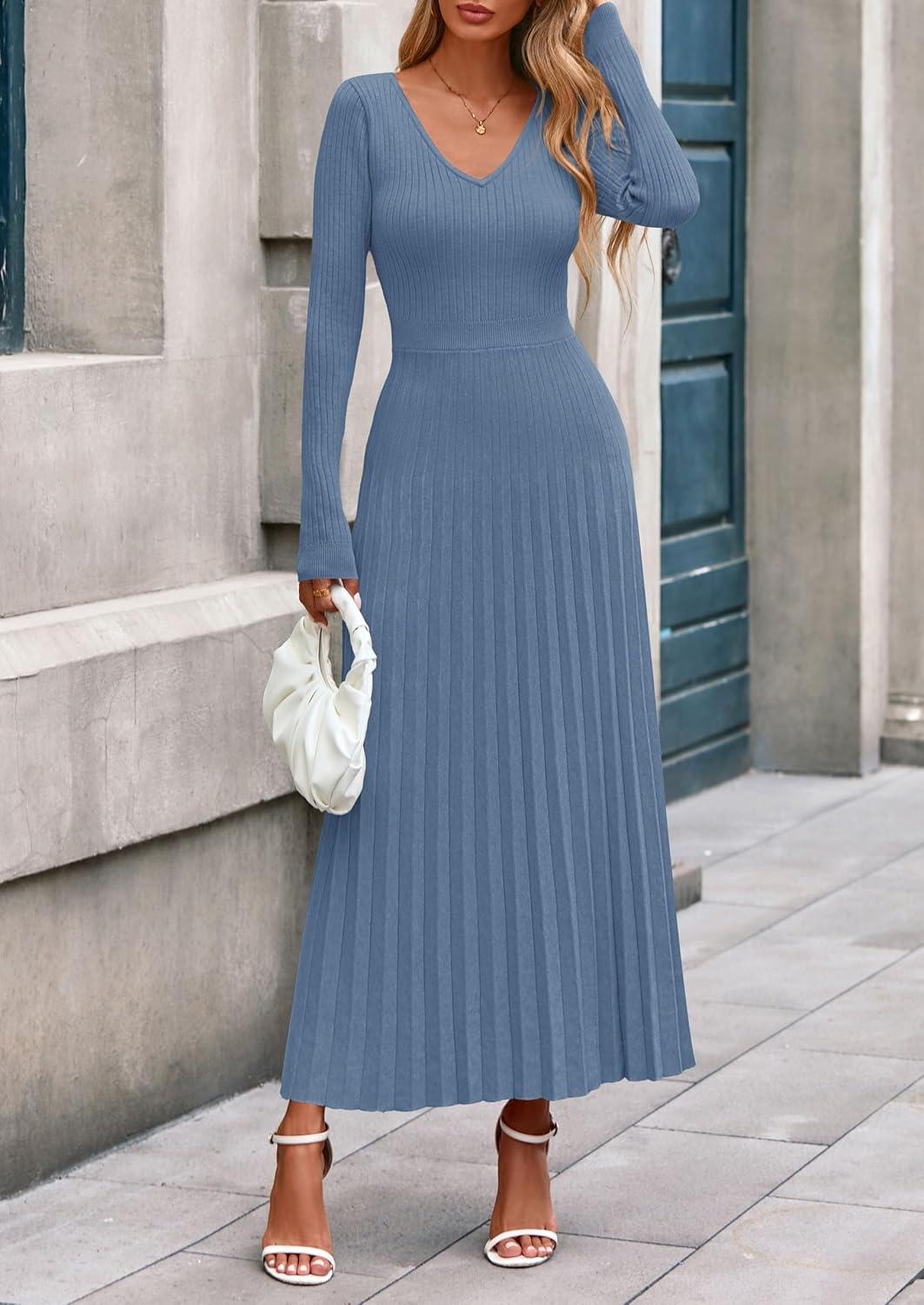 imagePRETTYGARDEN Women Sweater Dress Fall Fashion 2026 Long Sleeve V Neck Ribbed Knit Pleated A Line Elegant Maxi Winter DressesDusty Blue