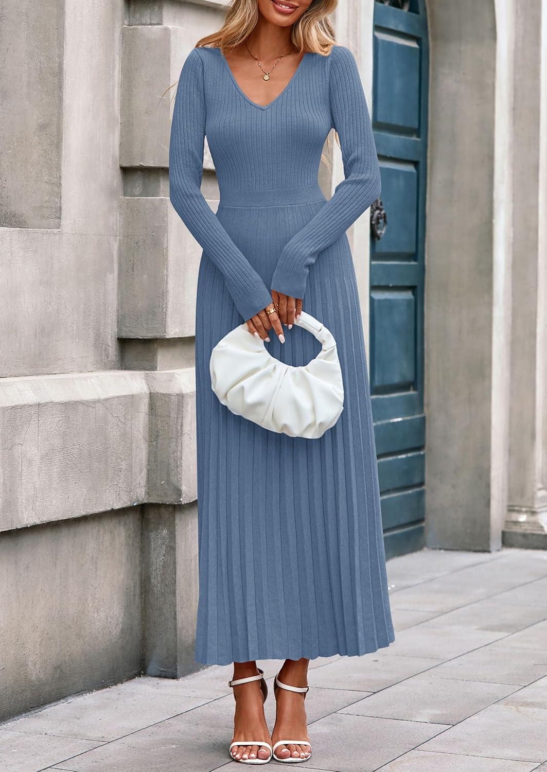 imagePRETTYGARDEN Women Sweater Dress Fall Fashion 2026 Long Sleeve V Neck Ribbed Knit Pleated A Line Elegant Maxi Winter DressesDusty Blue