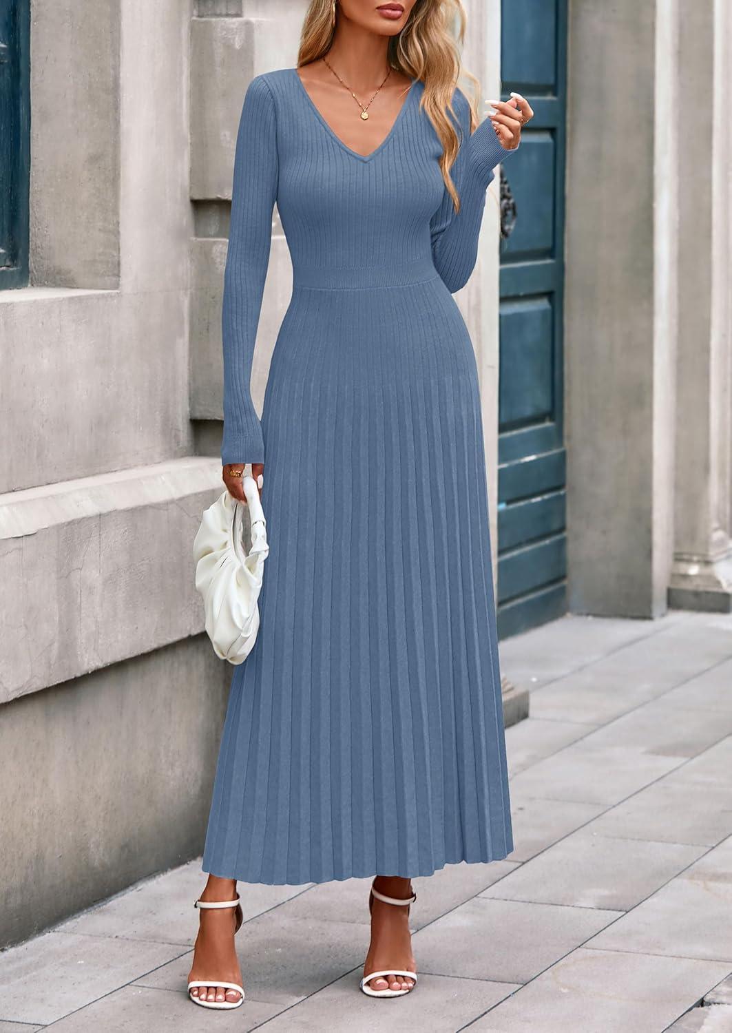 imagePRETTYGARDEN Women Sweater Dress Fall Fashion 2026 Long Sleeve V Neck Ribbed Knit Pleated A Line Elegant Maxi Winter DressesDusty Blue