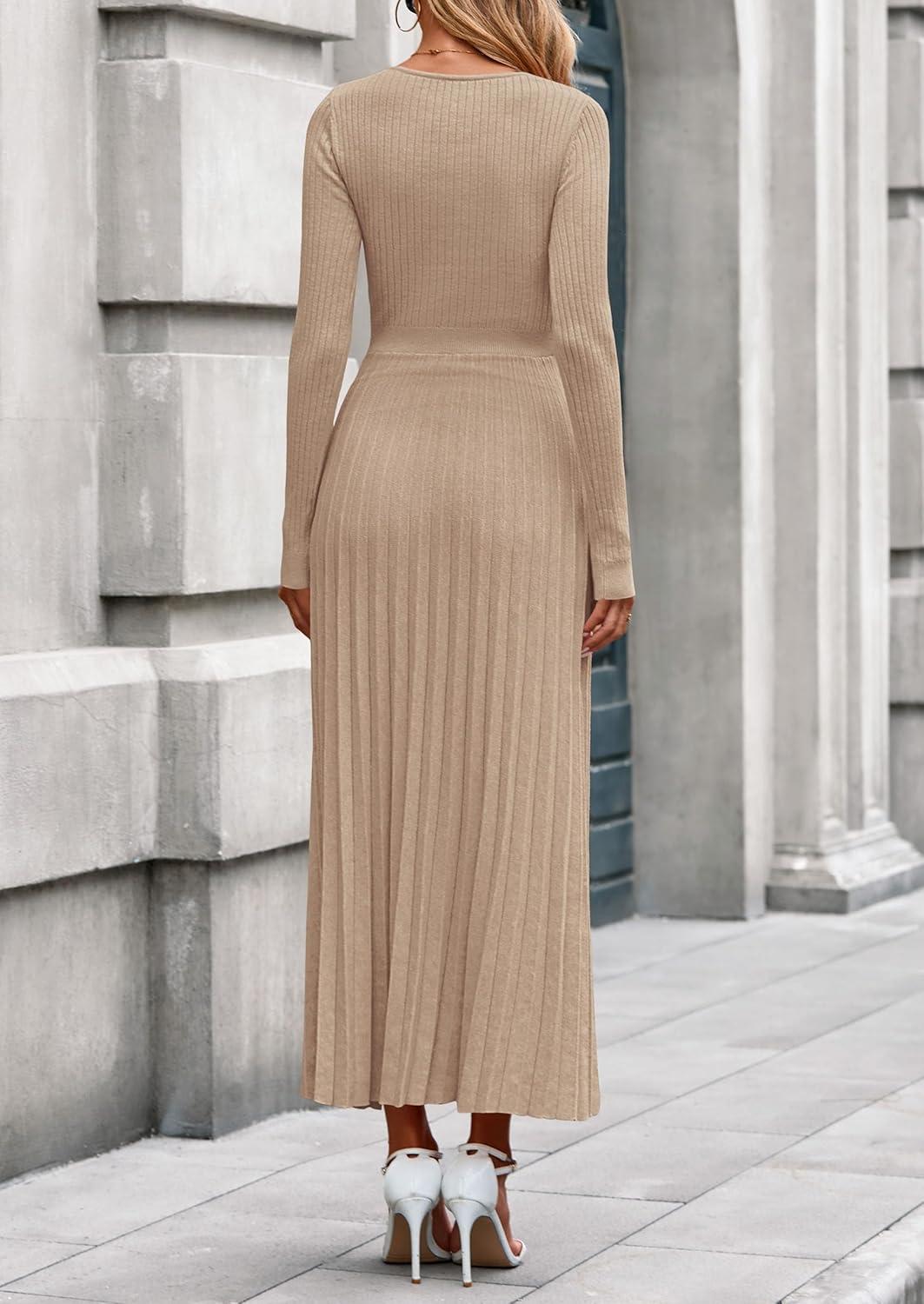 imagePRETTYGARDEN Women Sweater Dress Fall Fashion 2026 Long Sleeve V Neck Ribbed Knit Pleated A Line Elegant Maxi Winter DressesKhaki