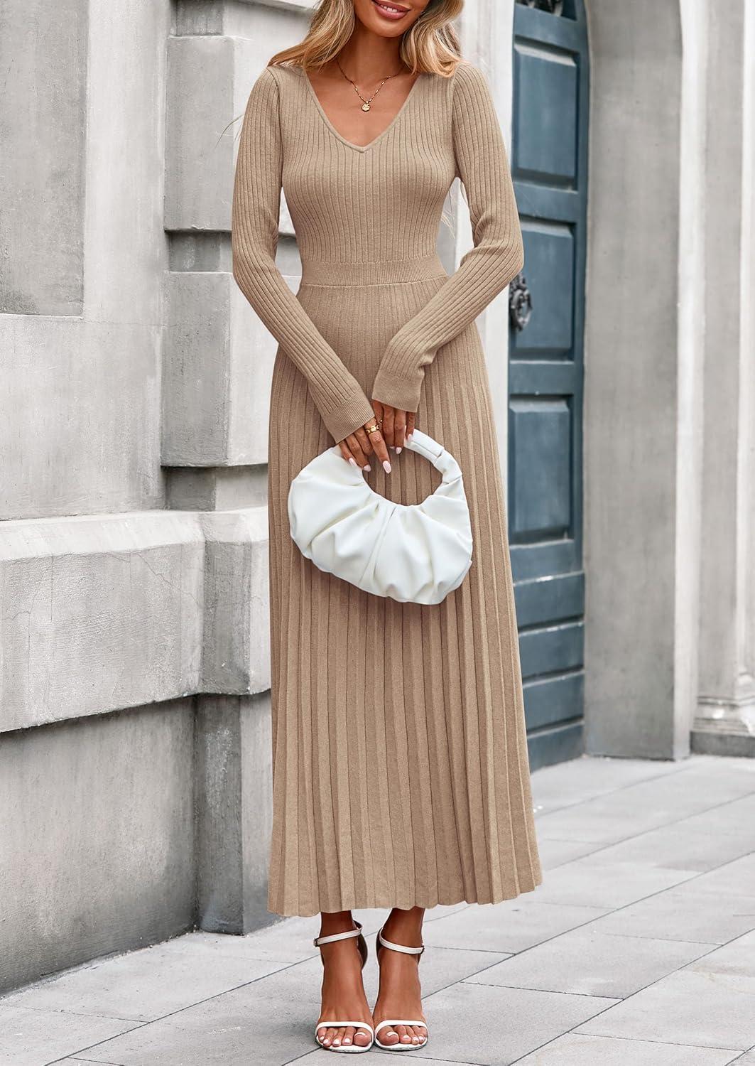 imagePRETTYGARDEN Women Sweater Dress Fall Fashion 2026 Long Sleeve V Neck Ribbed Knit Pleated A Line Elegant Maxi Winter DressesKhaki