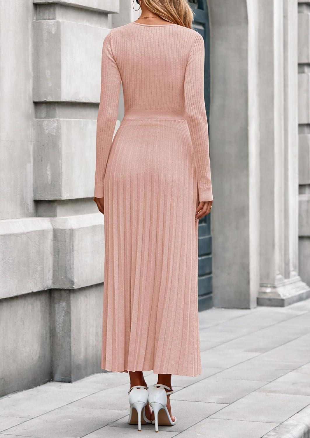 imagePRETTYGARDEN Women Sweater Dress Fall Fashion 2026 Long Sleeve V Neck Ribbed Knit Pleated A Line Elegant Maxi Winter DressesLight Pink