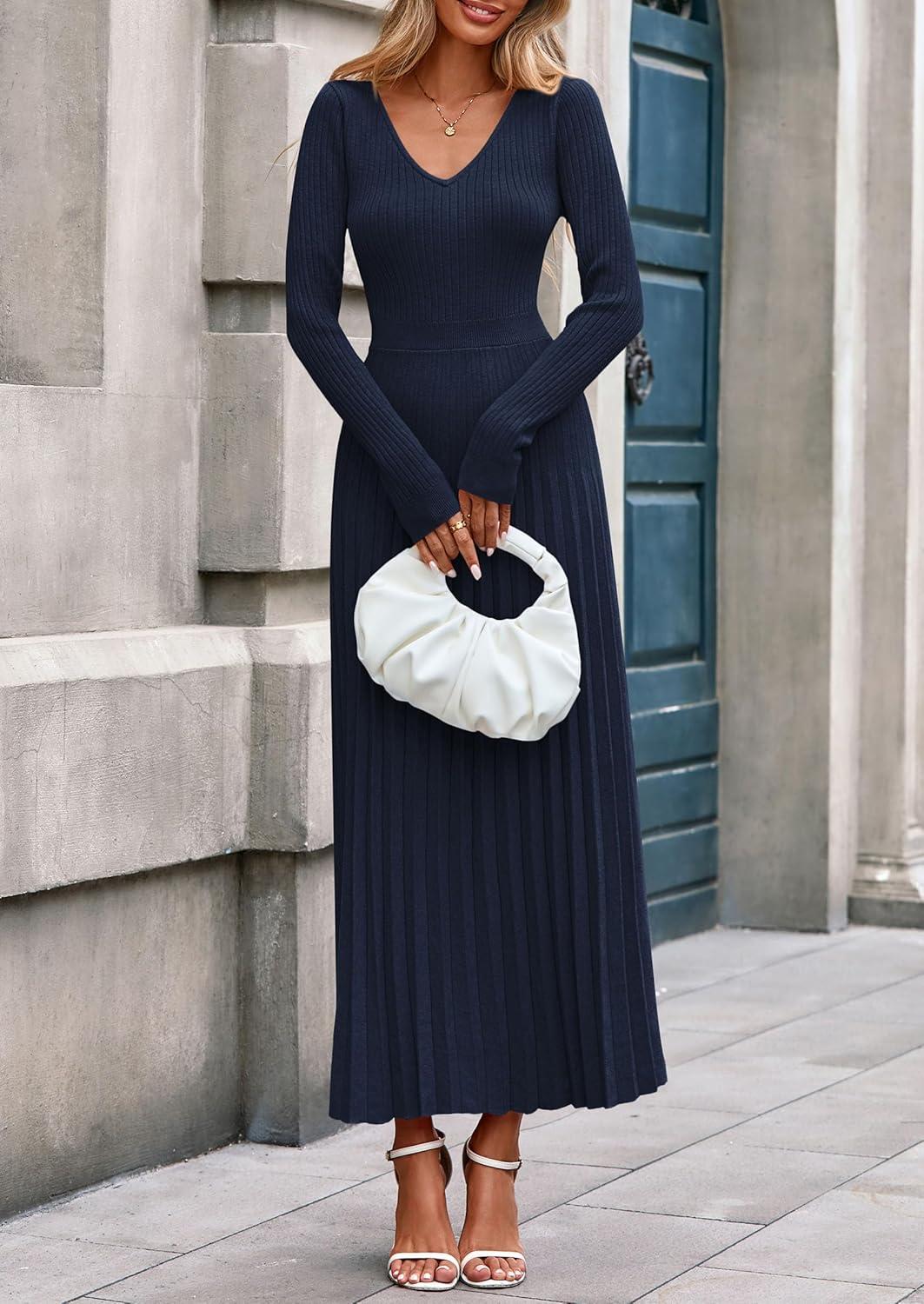 imagePRETTYGARDEN Women Sweater Dress Fall Fashion 2026 Long Sleeve V Neck Ribbed Knit Pleated A Line Elegant Maxi Winter DressesNavy Blue