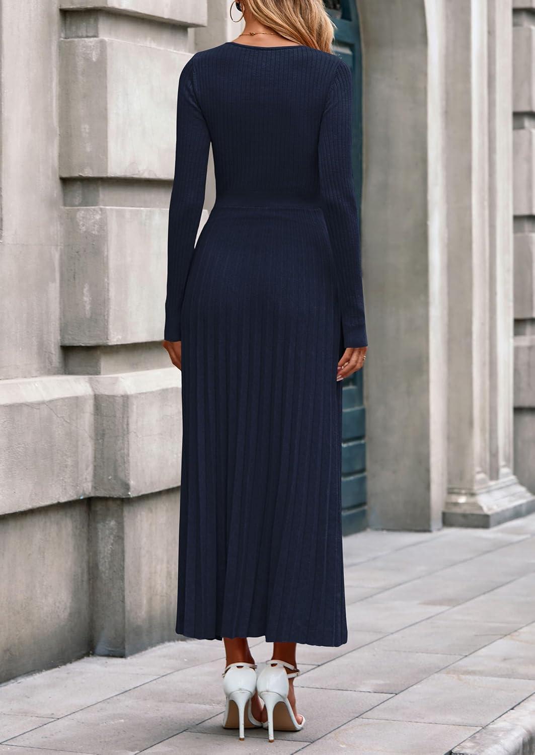 imagePRETTYGARDEN Women Sweater Dress Fall Fashion 2026 Long Sleeve V Neck Ribbed Knit Pleated A Line Elegant Maxi Winter DressesNavy Blue