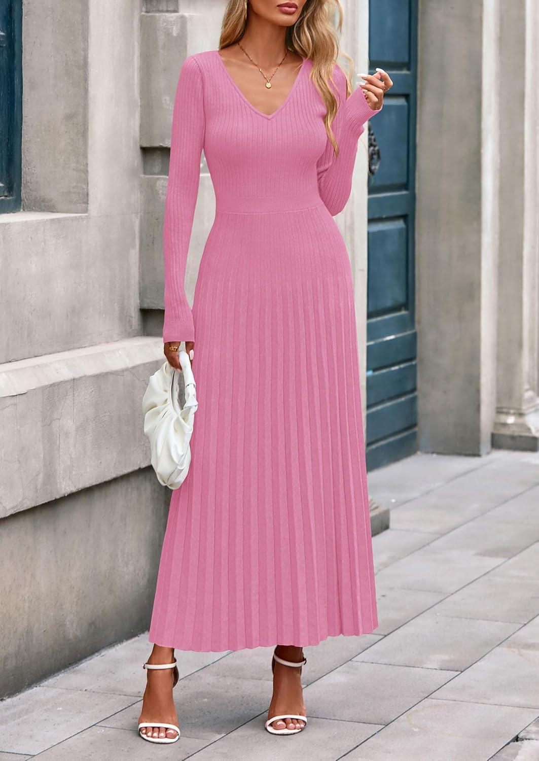 imagePRETTYGARDEN Women Sweater Dress Fall Fashion 2026 Long Sleeve V Neck Ribbed Knit Pleated A Line Elegant Maxi Winter DressesPink