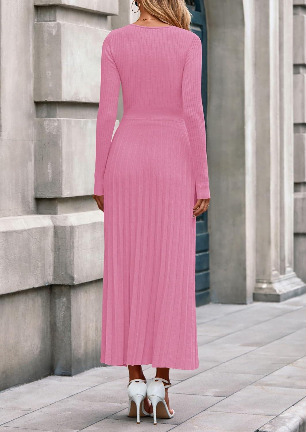 imagePRETTYGARDEN Women Sweater Dress Fall Fashion 2026 Long Sleeve V Neck Ribbed Knit Pleated A Line Elegant Maxi Winter DressesPink