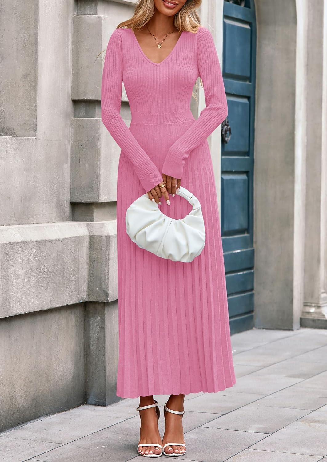 imagePRETTYGARDEN Women Sweater Dress Fall Fashion 2026 Long Sleeve V Neck Ribbed Knit Pleated A Line Elegant Maxi Winter DressesPink