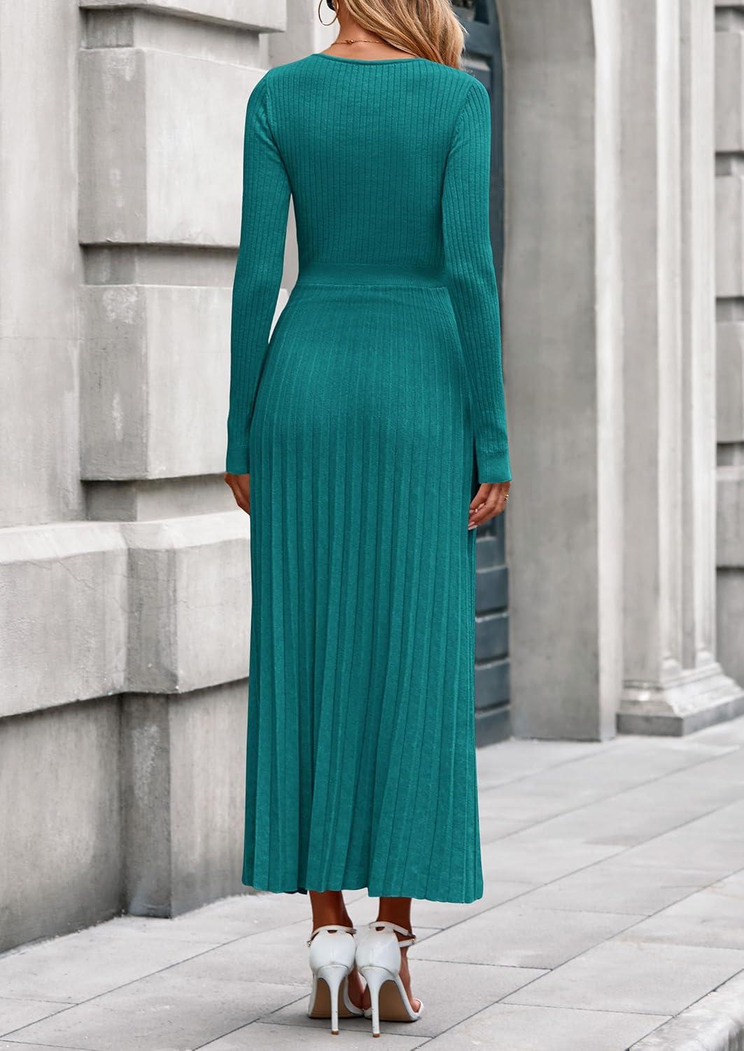 imagePRETTYGARDEN Women Sweater Dress Fall Fashion 2026 Long Sleeve V Neck Ribbed Knit Pleated A Line Elegant Maxi Winter DressesTeal