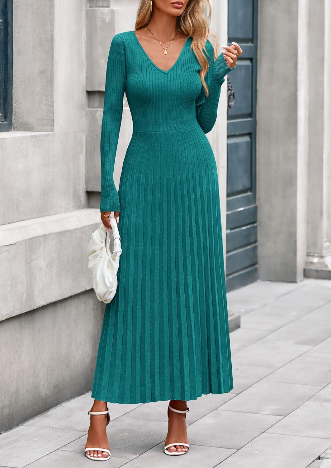 imagePRETTYGARDEN Women Sweater Dress Fall Fashion 2026 Long Sleeve V Neck Ribbed Knit Pleated A Line Elegant Maxi Winter DressesTeal