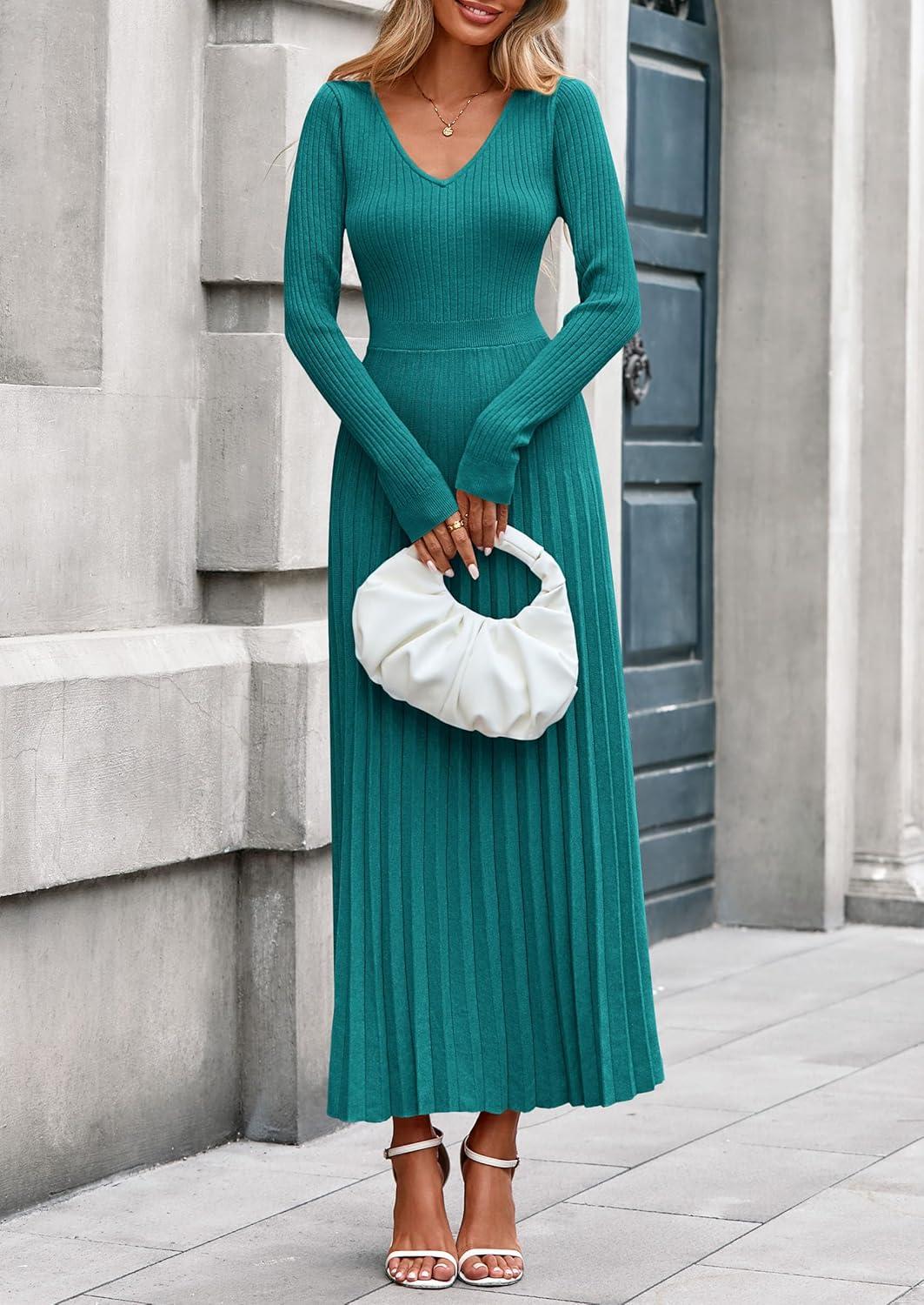 imagePRETTYGARDEN Women Sweater Dress Fall Fashion 2026 Long Sleeve V Neck Ribbed Knit Pleated A Line Elegant Maxi Winter DressesTeal