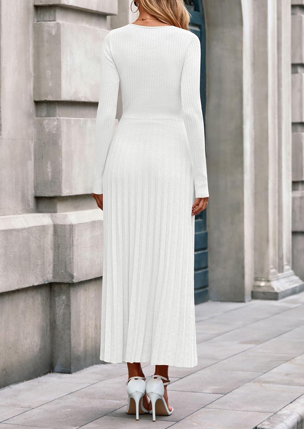 imagePRETTYGARDEN Women Sweater Dress Fall Fashion 2026 Long Sleeve V Neck Ribbed Knit Pleated A Line Elegant Maxi Winter DressesWhite