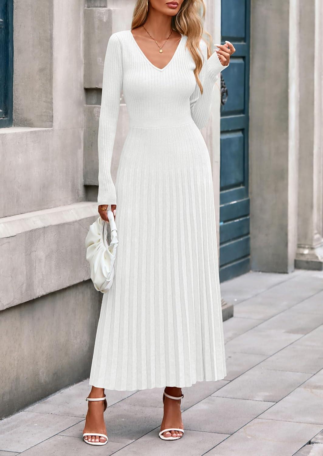 imagePRETTYGARDEN Women Sweater Dress Fall Fashion 2026 Long Sleeve V Neck Ribbed Knit Pleated A Line Elegant Maxi Winter DressesWhite