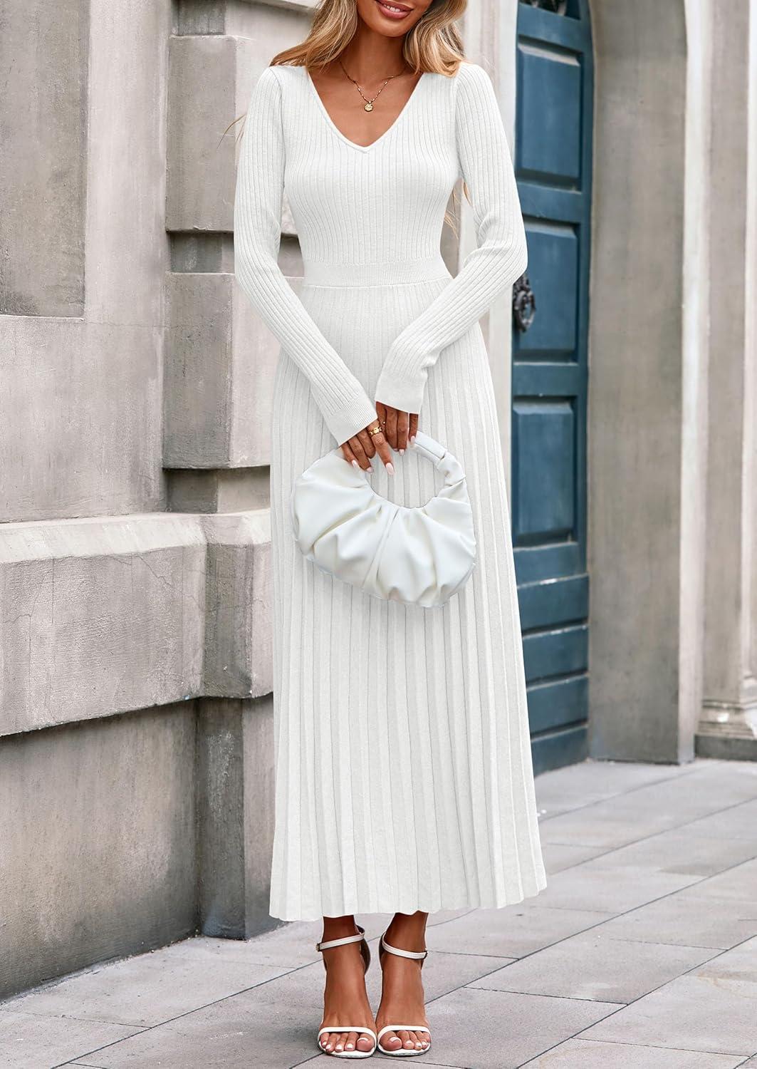 imagePRETTYGARDEN Women Sweater Dress Fall Fashion 2026 Long Sleeve V Neck Ribbed Knit Pleated A Line Elegant Maxi Winter DressesWhite