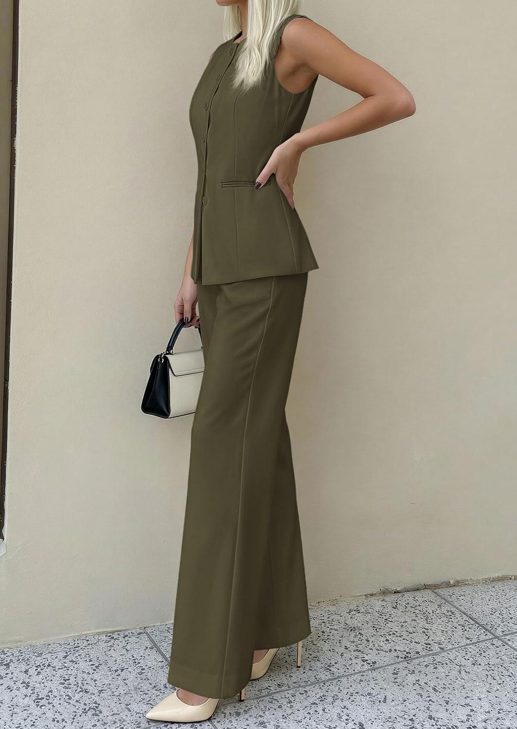 imagePRETTYGARDEN Womens 2 Piece Sets Summer 2026 Work Clothes Sleeveless Blazer Vest Pants Suits Spring Business Casual OutfitsArmy Green