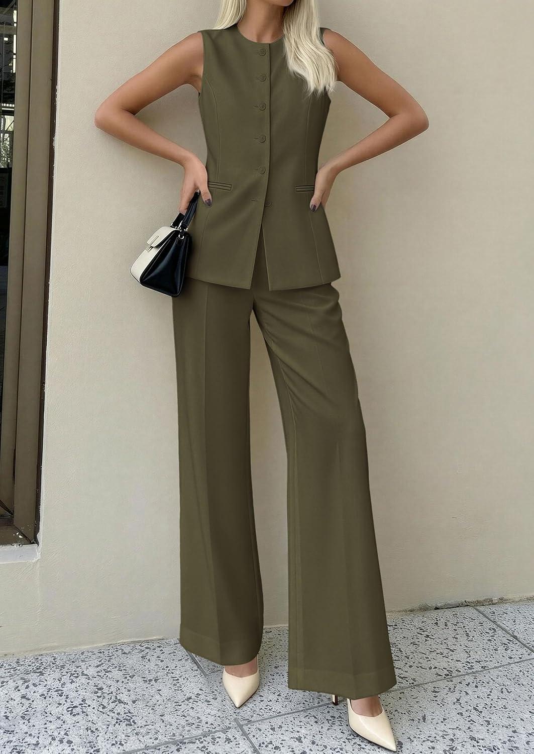 imagePRETTYGARDEN Womens 2 Piece Sets Summer 2026 Work Clothes Sleeveless Blazer Vest Pants Suits Spring Business Casual OutfitsArmy Green