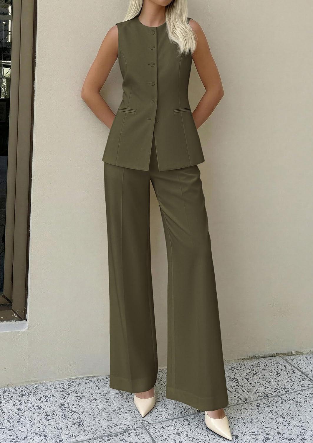 imagePRETTYGARDEN Womens 2 Piece Sets Summer 2026 Work Clothes Sleeveless Blazer Vest Pants Suits Spring Business Casual OutfitsArmy Green