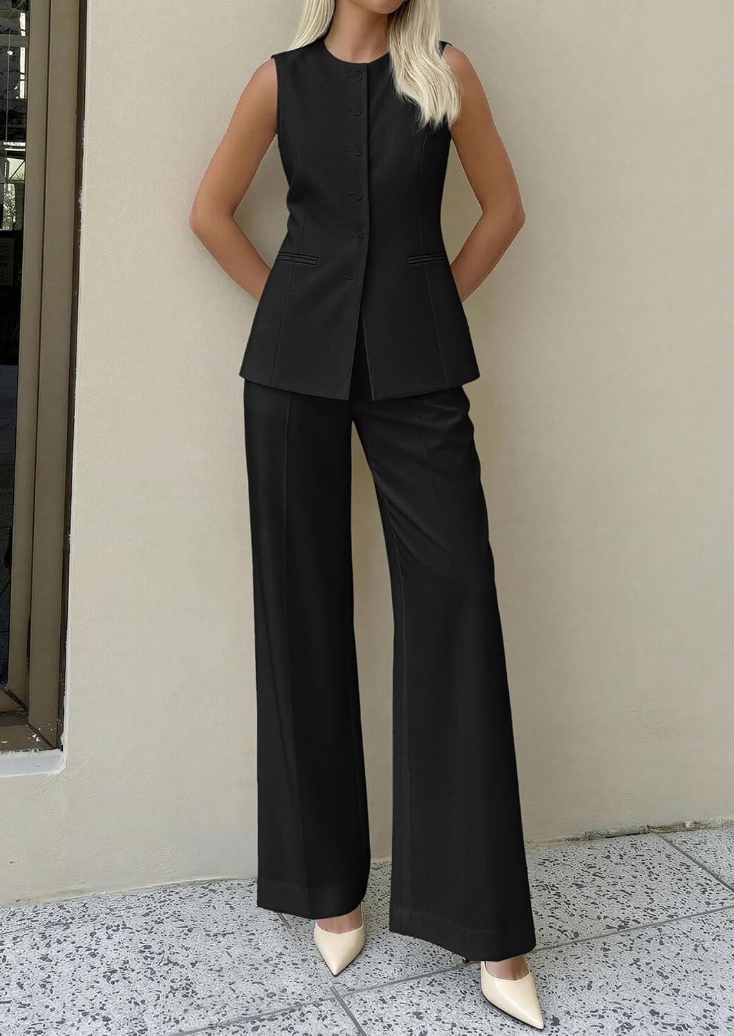 imagePRETTYGARDEN Womens 2 Piece Sets Summer 2026 Work Clothes Sleeveless Blazer Vest Pants Suits Spring Business Casual OutfitsBlack