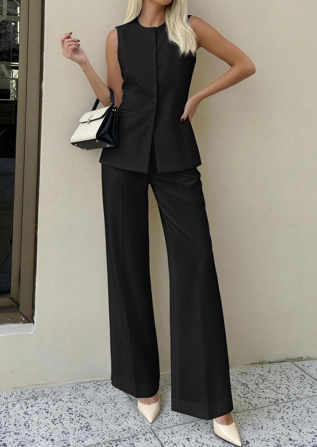 imagePRETTYGARDEN Womens 2 Piece Sets Summer 2026 Work Clothes Sleeveless Blazer Vest Pants Suits Spring Business Casual OutfitsBlack