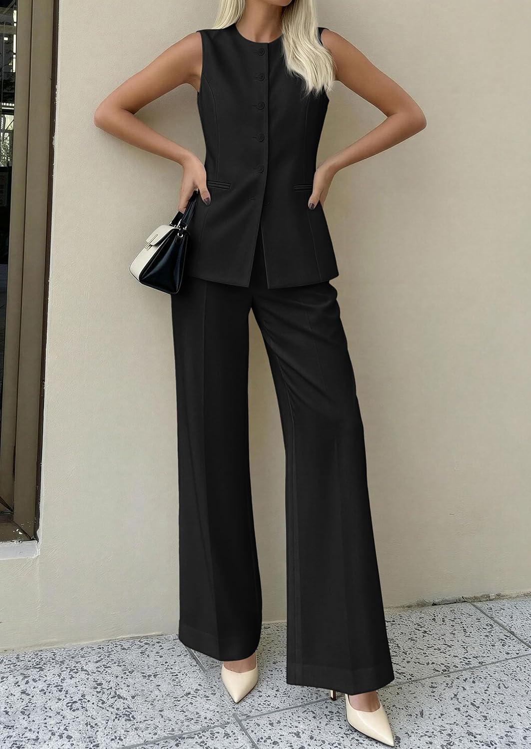 imagePRETTYGARDEN Womens 2 Piece Sets Summer 2026 Work Clothes Sleeveless Blazer Vest Pants Suits Spring Business Casual OutfitsBlack